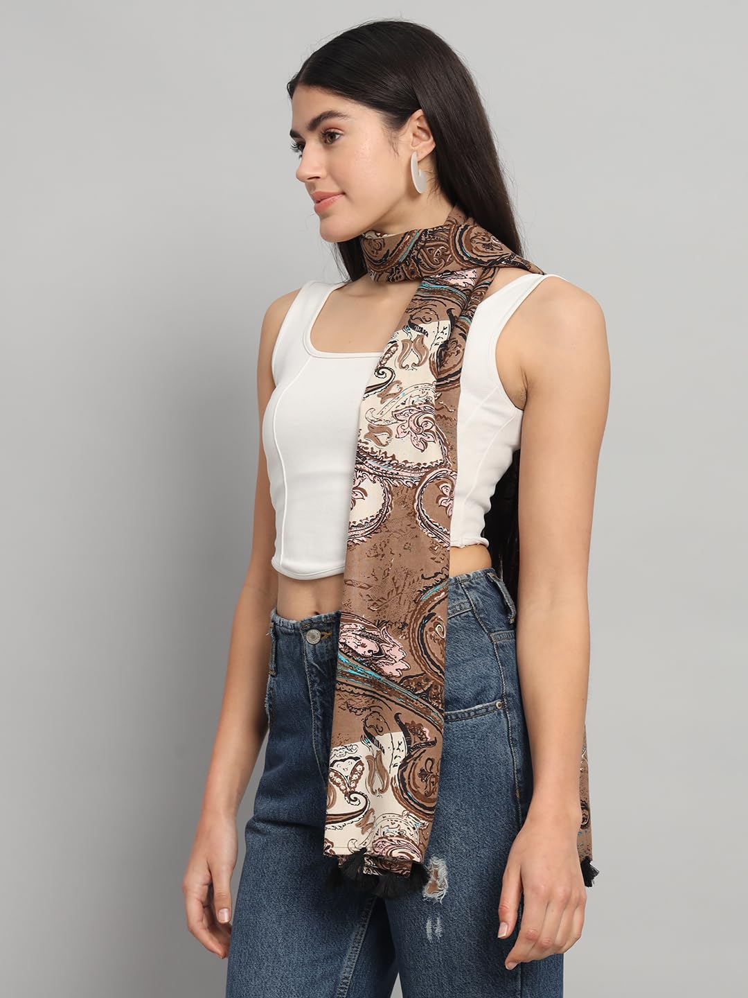 Ravaiyaa - Attitude is everything Women Brown & Cream Hand Block Floral Printed Cotton Tasseled Scarf 71 X 21 Inch