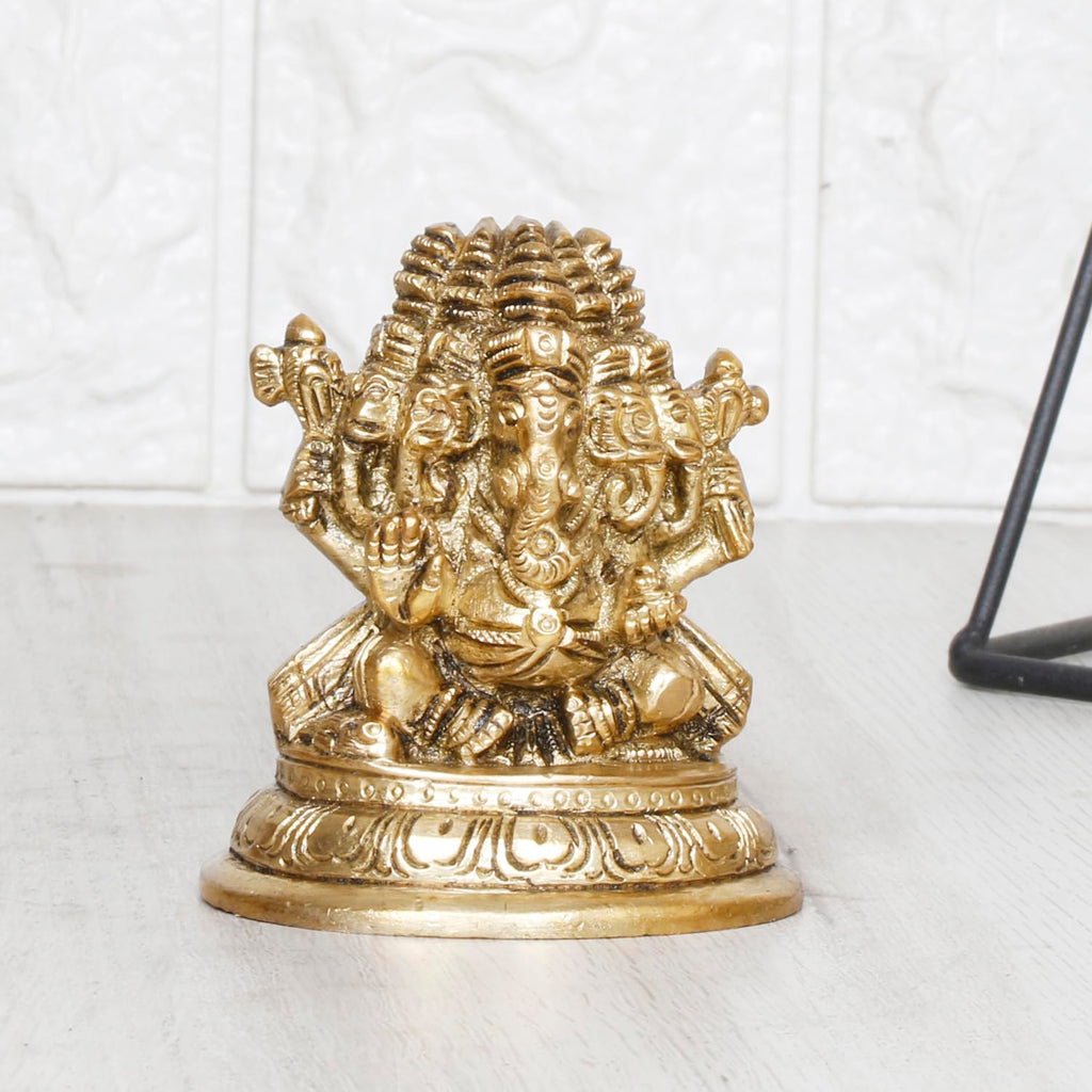ARTVARKO Brass Panchmukhi Ganesha Bhagwan Idol Five Face Ganesh Statue Ganpati Murti for Temple Puja Home Entrance Decor Luck Gift Height 3 Inch