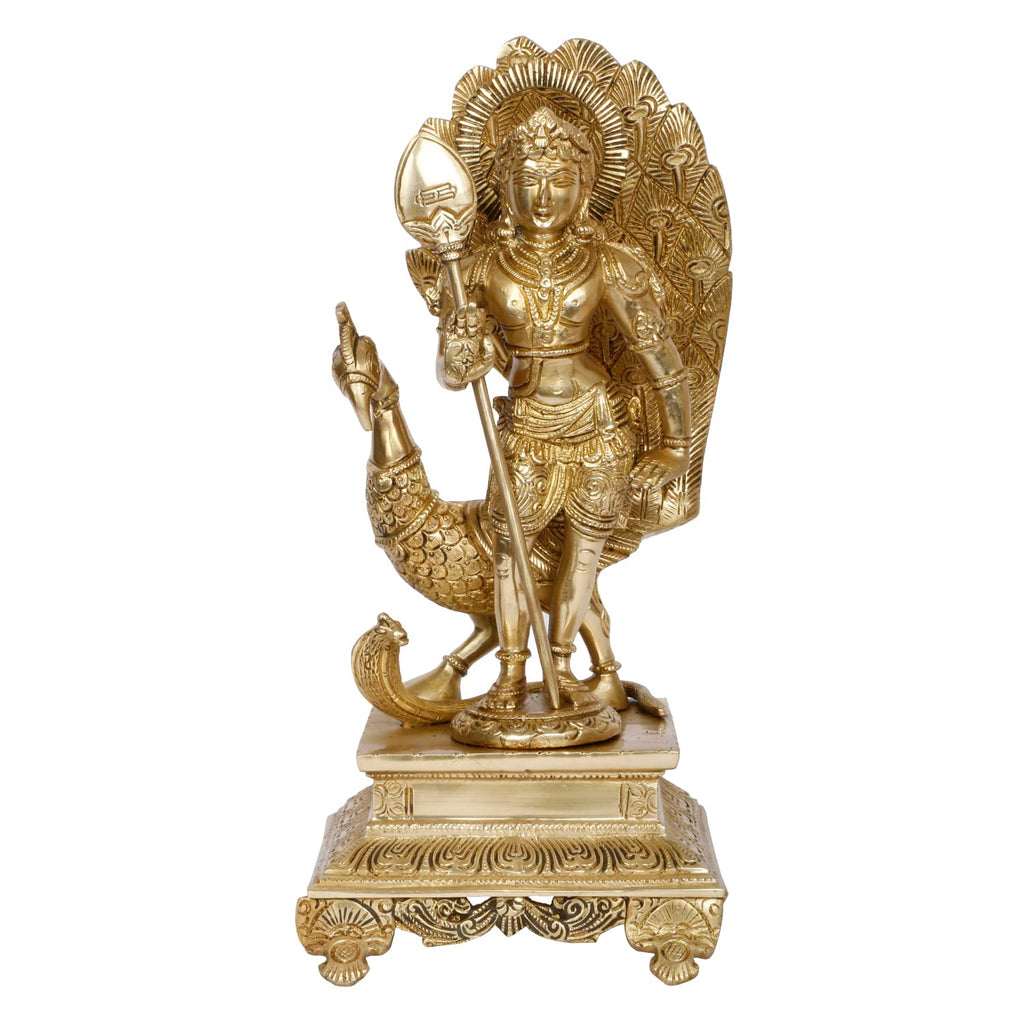 ARTVARKO Brass Lord Murugan Kartikeya Murugana Kumaraswamy Karthikeya Standing Idol with Peacock Swaminatha Skanda Murti Swami Ji Subrahmanya Swamy Height 12 Inch