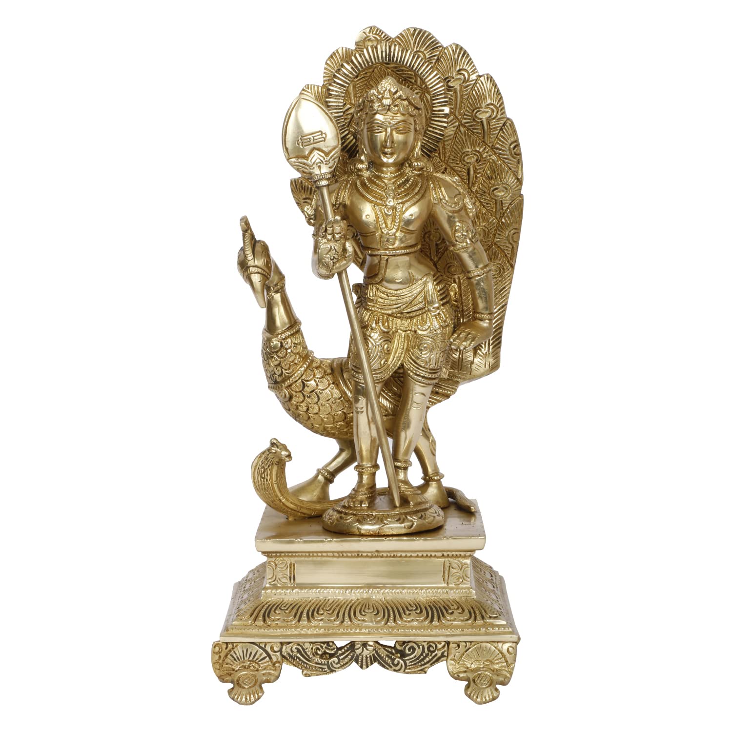 ARTVARKO Brass Lord Murugan Kartikeya Murugana Kumaraswamy Karthikeya Standing Idol with Peacock Swaminatha Skanda Murti Swami Ji Subrahmanya Swamy Height 12 Inch