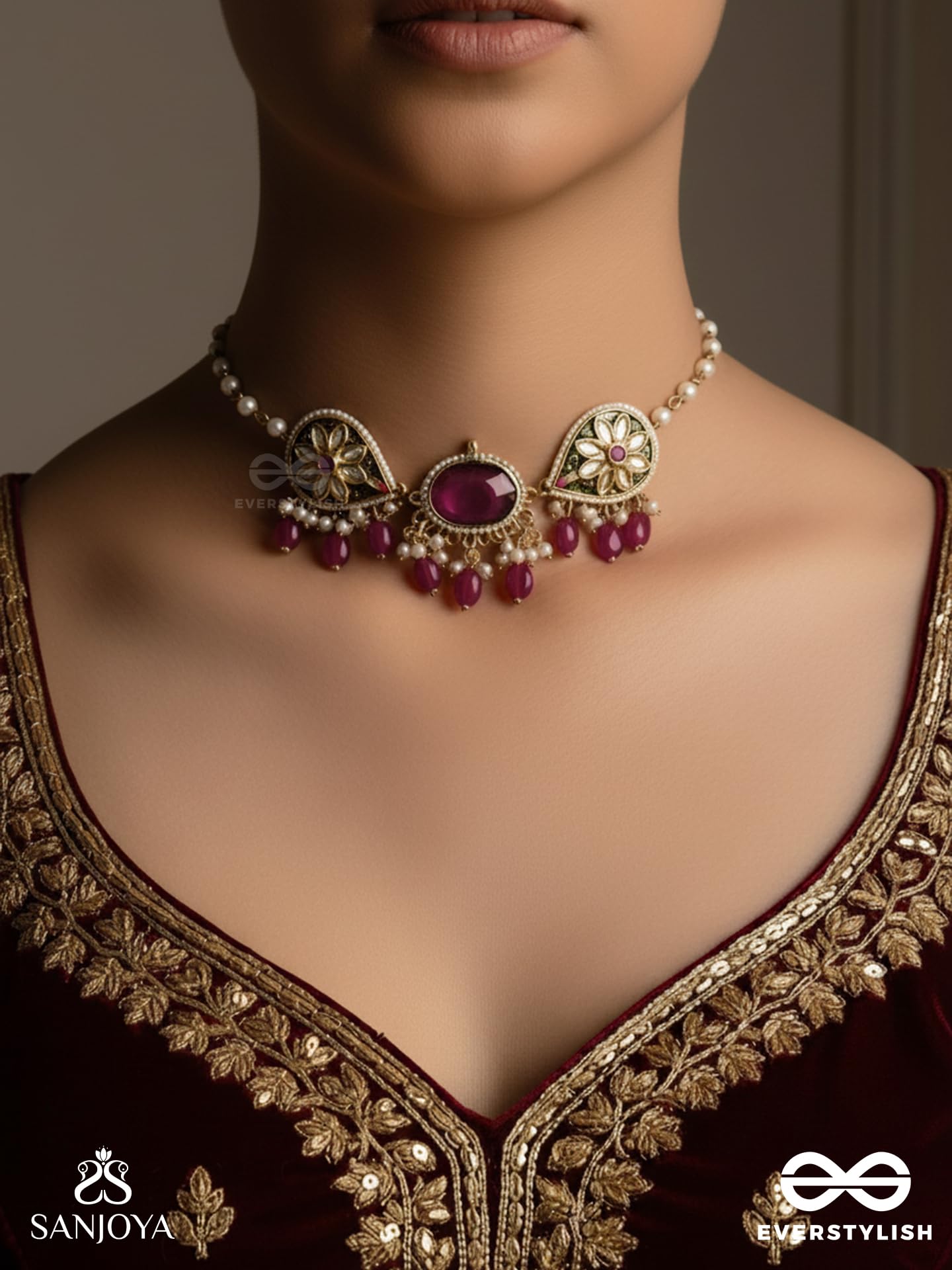 SANJOYA BY EVERSTYLISH Nilachandrika Moonlight Of The Blue Sky Handmade Kundan Set With Necklace And Earrings Lightweight Jewelry For Women | Party, Festive, Wedding & Gifting (Red)