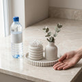 THE GREY BLEND® Compact Vanity Tray Set - Oval Concrete Tray with Vase & Multi-Purpose Brush Holder | Mini Bathroom Counter & Dressing Table Organizer | 20x15cm
