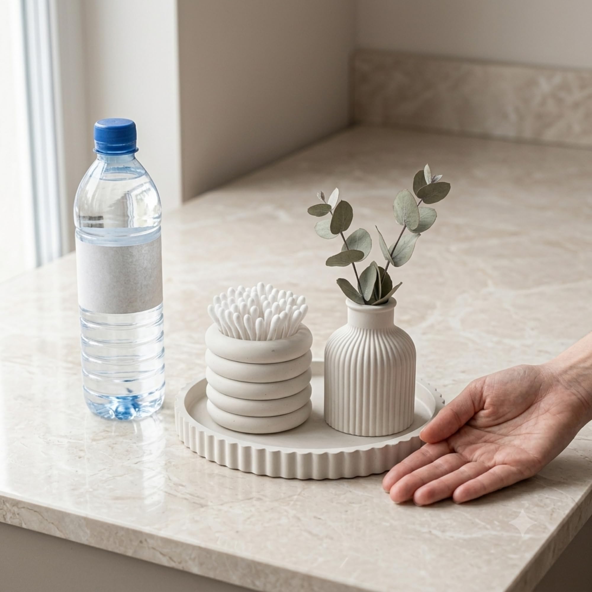 THE GREY BLEND® Compact Vanity Tray Set - Oval Concrete Tray with Vase & Multi-Purpose Brush Holder | Mini Bathroom Counter & Dressing Table Organizer | 20x15cm