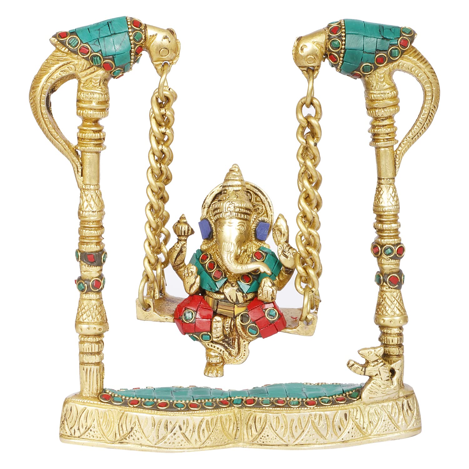 ARTVARKO Brass Ganesha on a Swing Statue Ganesh Jhoola with Two Parrot Holding Chain 8 Inch
