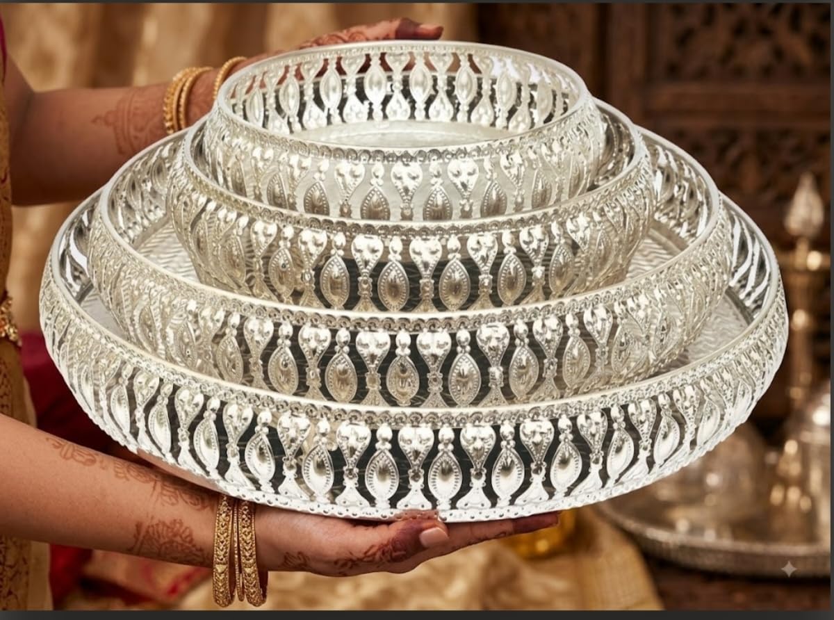 Decorative German Silver Tray Set of 4 Sets Designer Set Trays I Gifting Trays Set [Display for Home Wedding and Festive Decor Size 10 inch 8 inch 6 inch 4 inch. Without Stand. Flat Trays