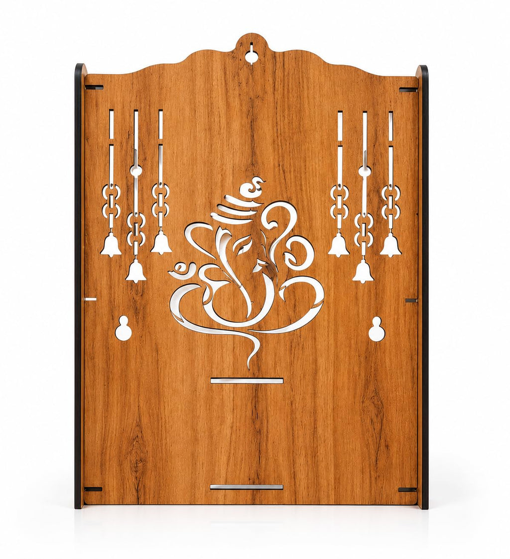 EXPRO Wooden Pooja Mandir for Home with Door | Engineered Wood Home Temple with Storage Space | Wall Mounted Temple for Office & Living Room | DIY Mandap with OM & Ganeshji Design (Brown | Design 1)