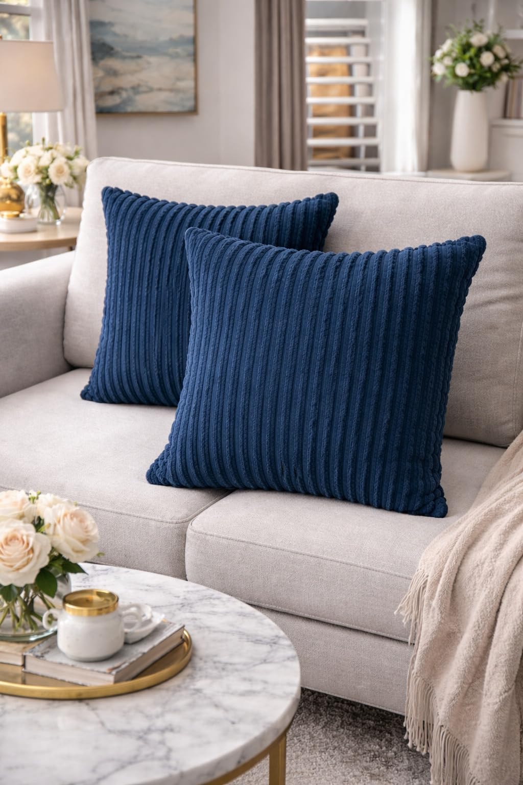 AWARD VELVETS Premium Faux Rabbit Fur Plush Luxury Soft Fluffy Striped Decorative Throw Pillow/Cushion Covers for Sofa, Couch, Living Room - (Navy Blue, 24 x 24 inch) Set of 2