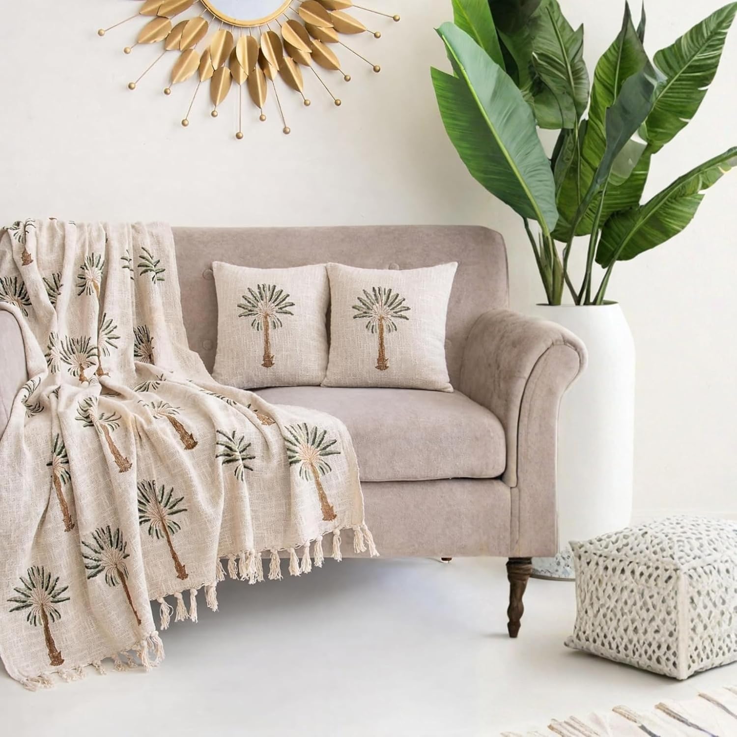 DMAASA 100% Cotton Jute Palm Tree Sofa Throw 127x178 cm with 2pcs Cushion Cover 40x40 cm - Beige (1 Sofa Throw with 2 Cushion Covers) Kafalo