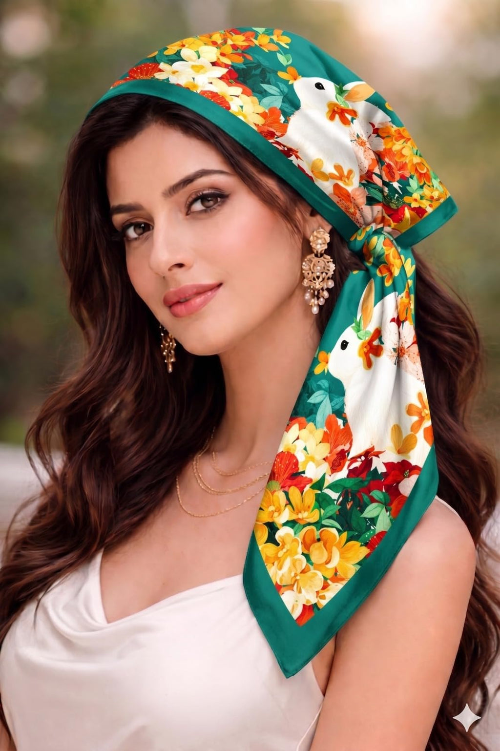 Etietnic Satin Square Head Scarf for Women,GREEN RABBIT Printed