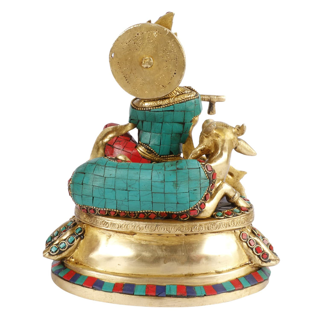 Svarup Brass Shri Krishna Idol with Cow Kishan Bhagwan Murti Lord Krishna Cow Statue with Flute Big Size Height 8 Inch Weight 3.2 Kg Multicolor
