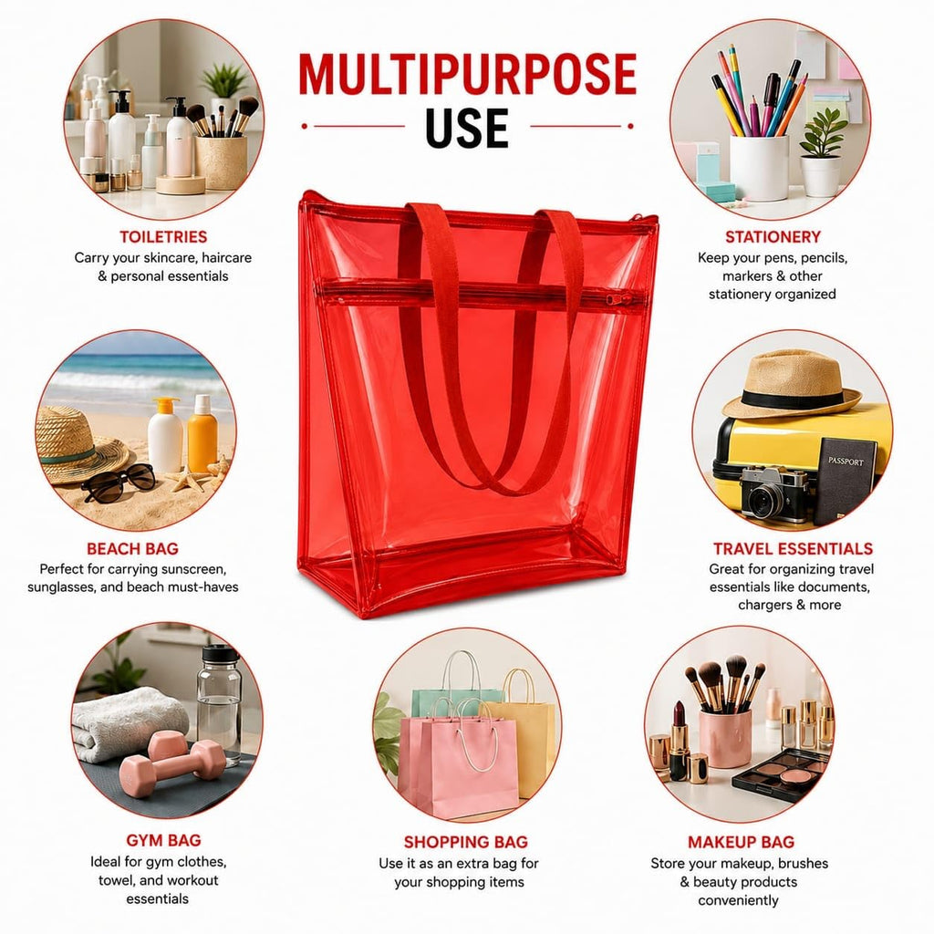 TERA 13 Transparent Tote Bag For Women & Girls, Clean PVC Shoulder Handbag, Waterproof Reusable Shopping Bag, Beach Bag, Travel Tote,Large Capacity Zipper Closure, Everyday Carry Bag (1 Pcs) (Red)