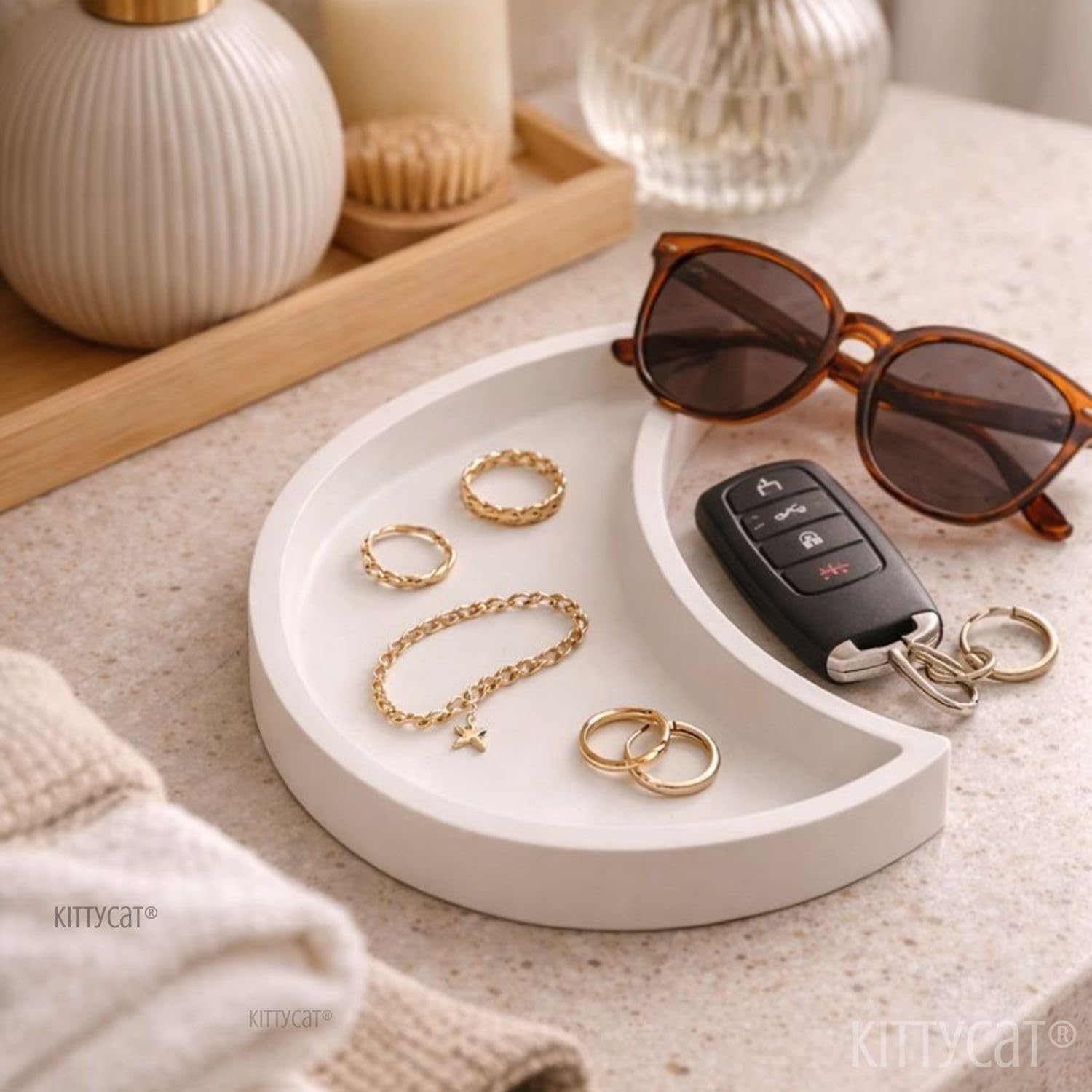Kitty Cat® Crescent Moon Trinket Tray | Aesthetic White Decorative Organizer for Keys, Jewellery & Accessories | Minimalist Home Décor | Aesthetic Decor | Size 20.5 x 11.5 cm (Moon)