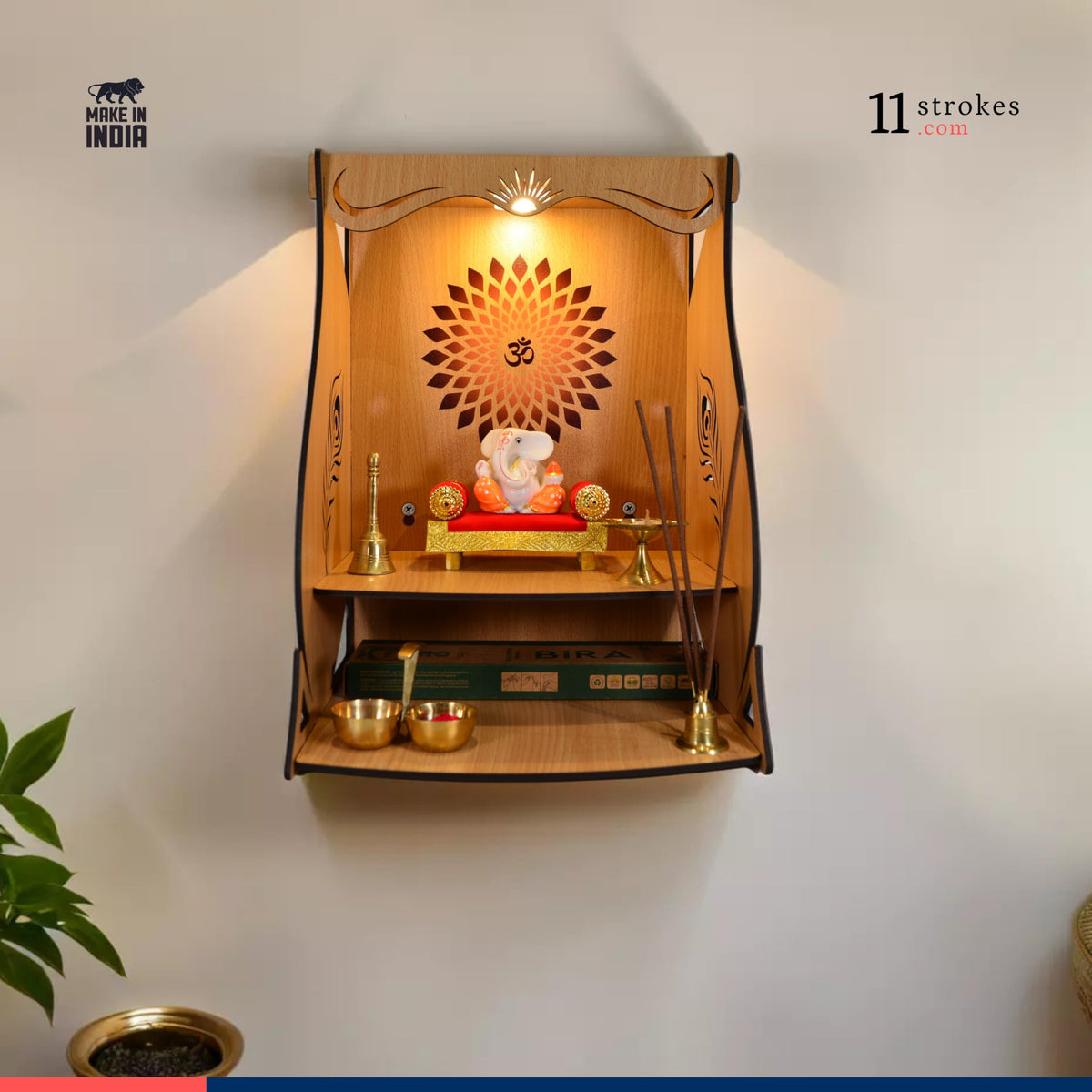 11 Strokes Divya Wooden Pooja Mandir for Home Big Size - Large Foldable Wall Mount Devghar Singhasan for God - Modern Wooden Temple, Big Home Mandir