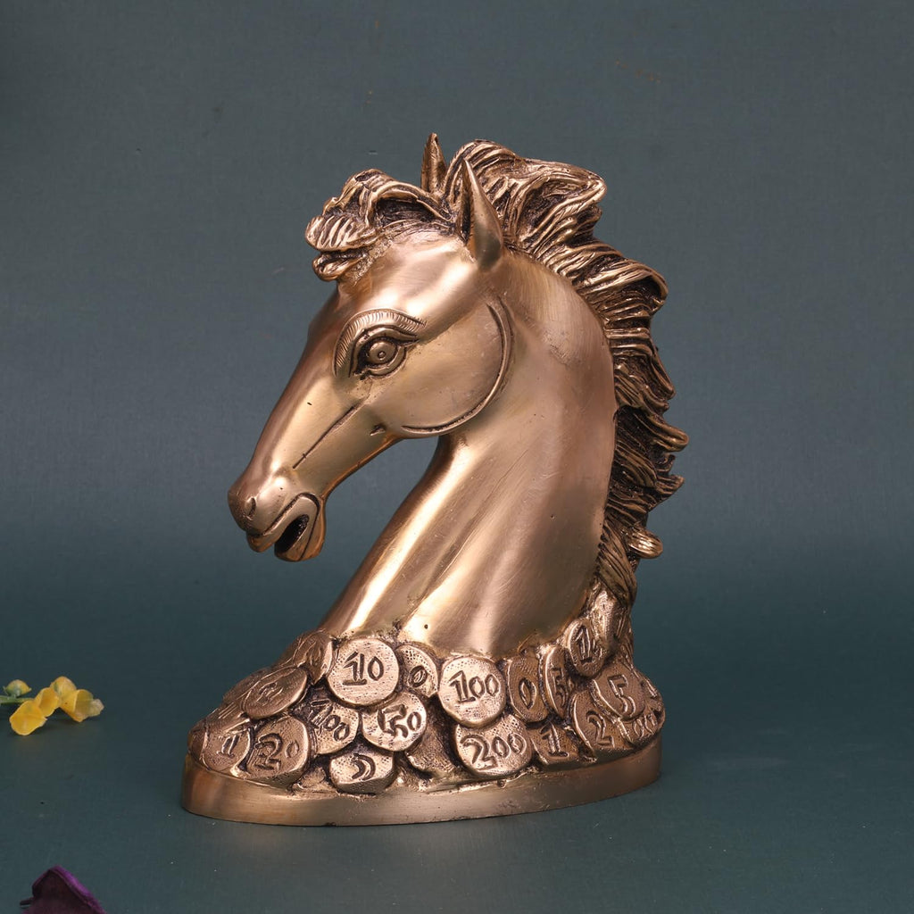 ARTVARKO Brass Victory Horse Head on Coin Feng Shui Animal for Career Success Growth Decor Gift Showpiece (15x8x18 cm)