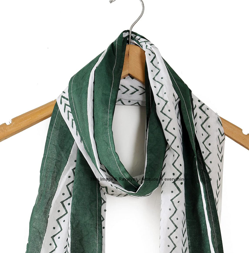 Ravaiyaa - Attitude is everything Hand Block Printed Cotton Long Stole Scarves Hijab Neck Wrap Scarf 71 X 21 Inch (White Green Waves), (female)
