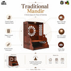 Gift Kya De Wooden Temple for Home | Pooja Mandir with LED Light, Drawer & Shelves | Wall Mounted or Tabletop Mandir with Floral Back Panel Design (DIY - H-15 x L-12 x W-10.5 Inch)