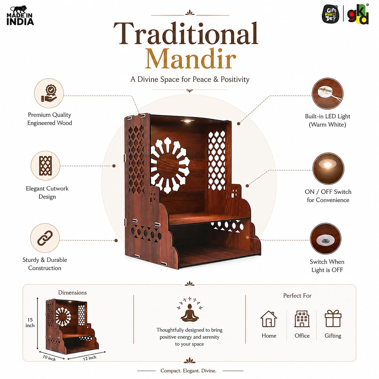 Gift Kya De Wooden Temple for Home | Pooja Mandir with LED Light, Drawer & Shelves | Wall Mounted or Tabletop Mandir with Floral Back Panel Design (DIY - H-15 x L-12 x W-10.5 Inch)