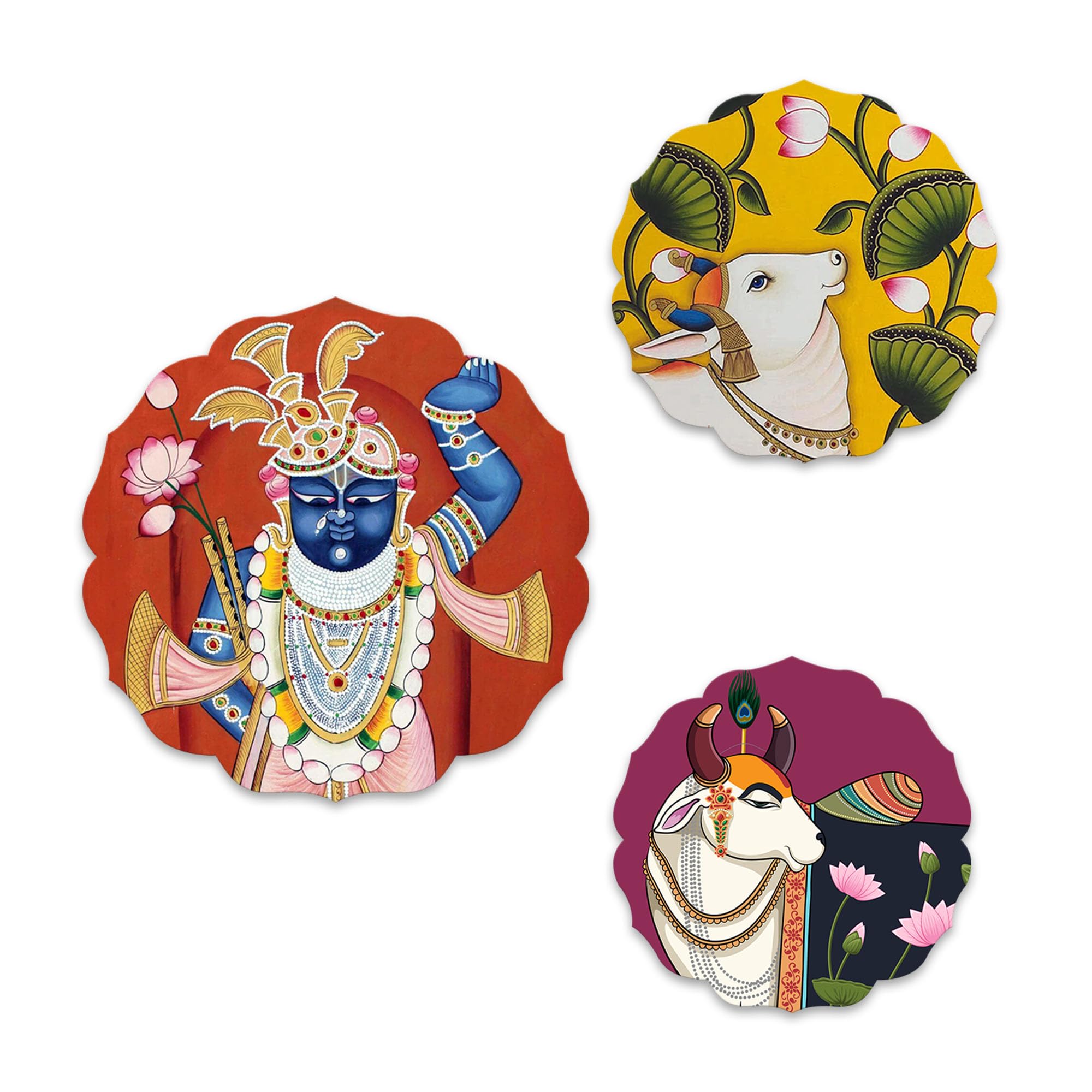 Artvibes Shrinath Ji & Cow Pichwai Art Round Shape MDF Wooden Wall Decor Items | Living Room | Handcrafted Art | Wall Poster | Aesthetic Wooden Decor | Art Print | Unique Gift (WH_8805N), Set of 3