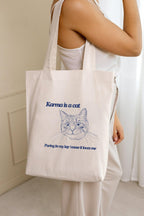 THE UMBRELLA STORE Cotton Canvas Tote Hand Bag with Pocket | Reusable Shopping Carry Bag With Print Karma is a cat