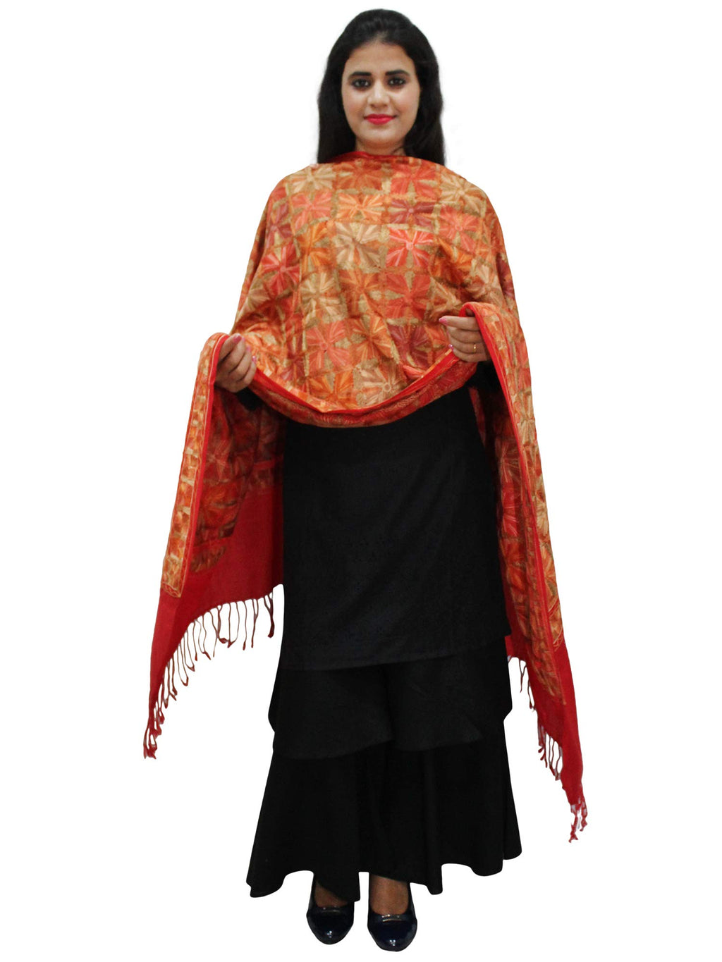 Matelco Women Pashmina Wool Emroidered Shawl Stole -28 x70 inches (Phulkari, Red)