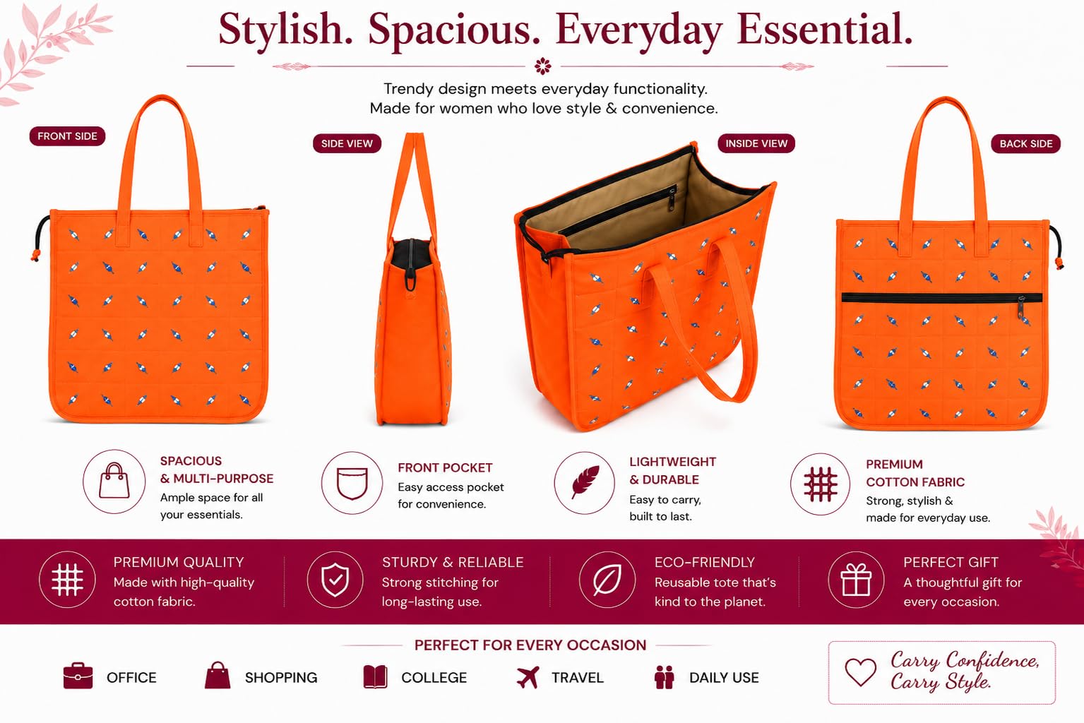 Vaishnavi Creations Solapur | Embroidered Cotton Tote Bag for Women | Spacious Handbag | Eco-Friendly Shoulder Bag for Office, Shopping & Daily Use (Mango)