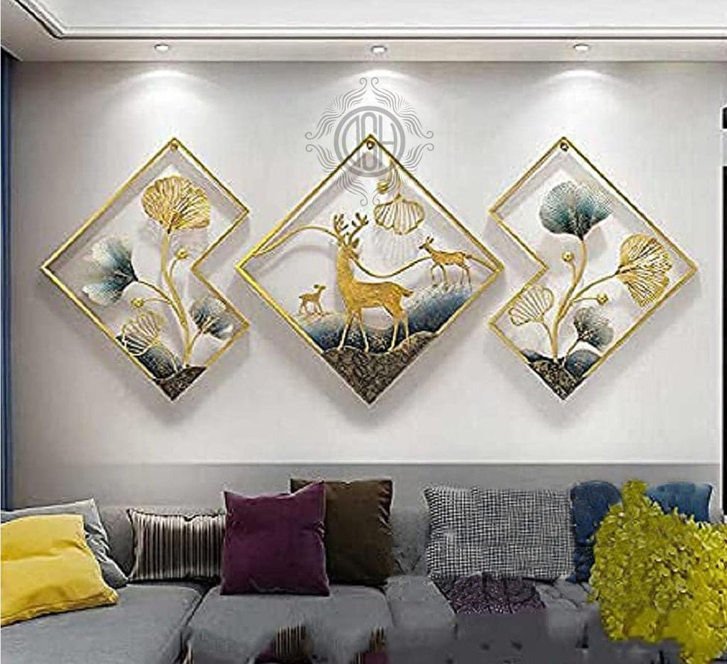 DSH CRAFTING YOUR CURIOSITY Metal Wall Decor Gold Metal Leaf Wall Hanging Sculpture for Home Decoration Set of 3 (02-DEAR-BLU-3P)