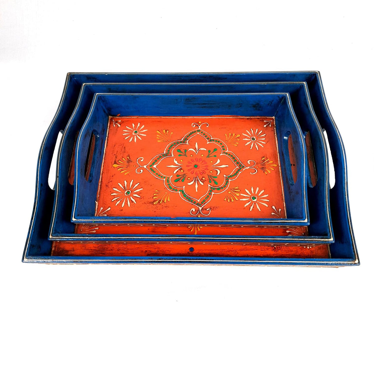 Apkamart The Online Shop Handicraft Serving Tray - Set of 3 - Hand Crafted Decorative Wooden Tray for Table Decor, Home Decor, Dining and Serving and Gifts