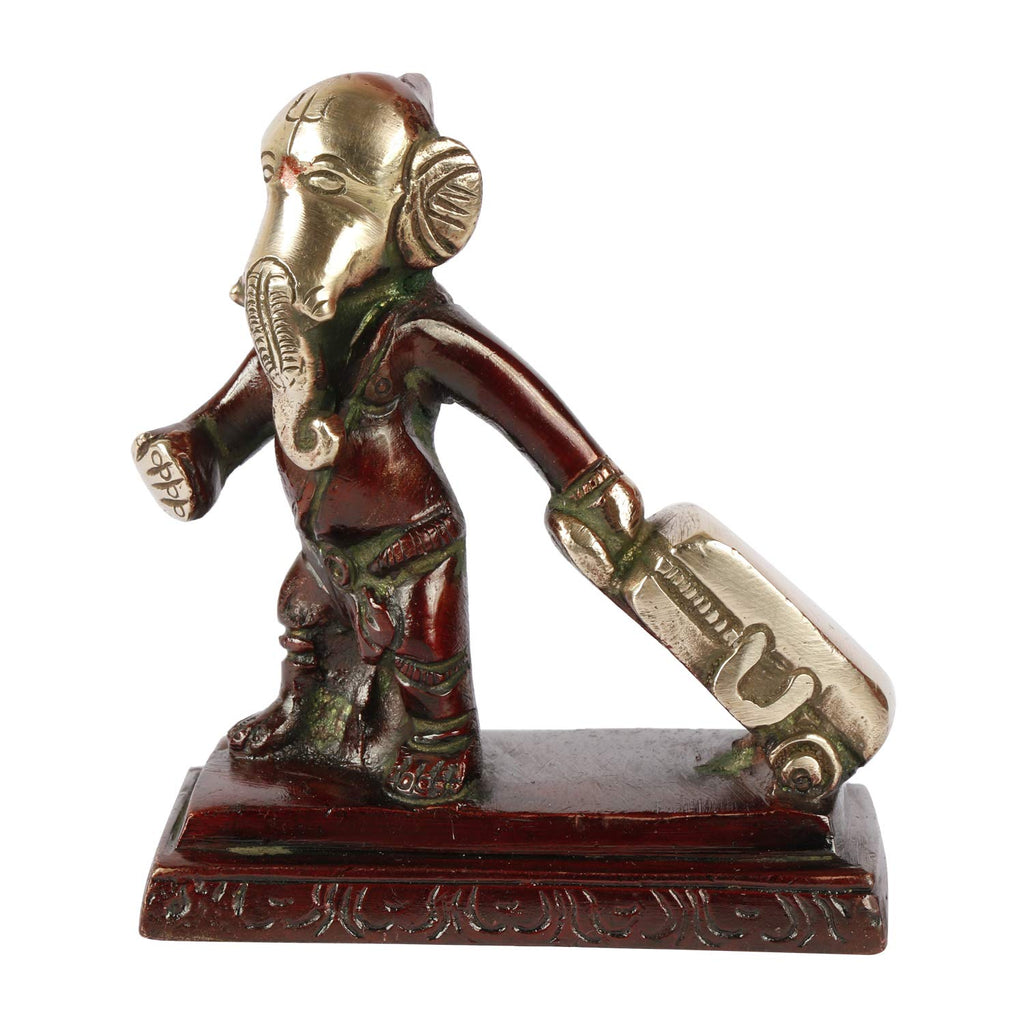 ARTVARKO Brass Ganesha Travelling Ganesh with Suitcase Bag Idol Statue (3.5x4 Inch Cherry Gold)