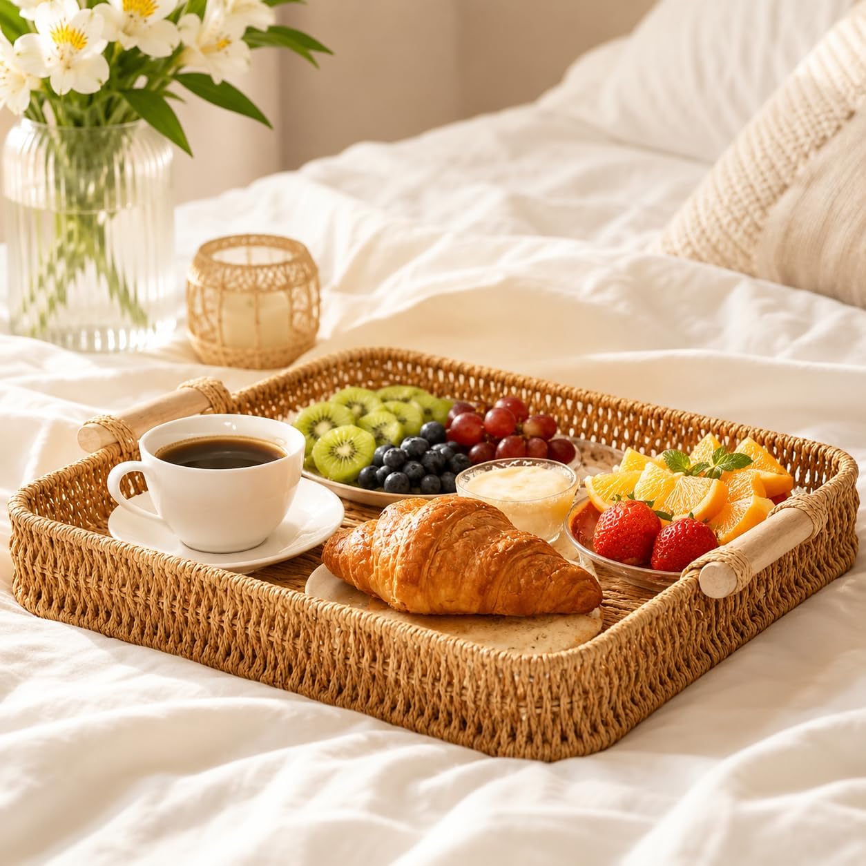 NDOLA Decorative Handwoven Rattan Tray with Wooden Handles | Luxury Wicker Serving Tray for Ottoman, Coffee Table, Kitchen, Bathroom & Home Decor