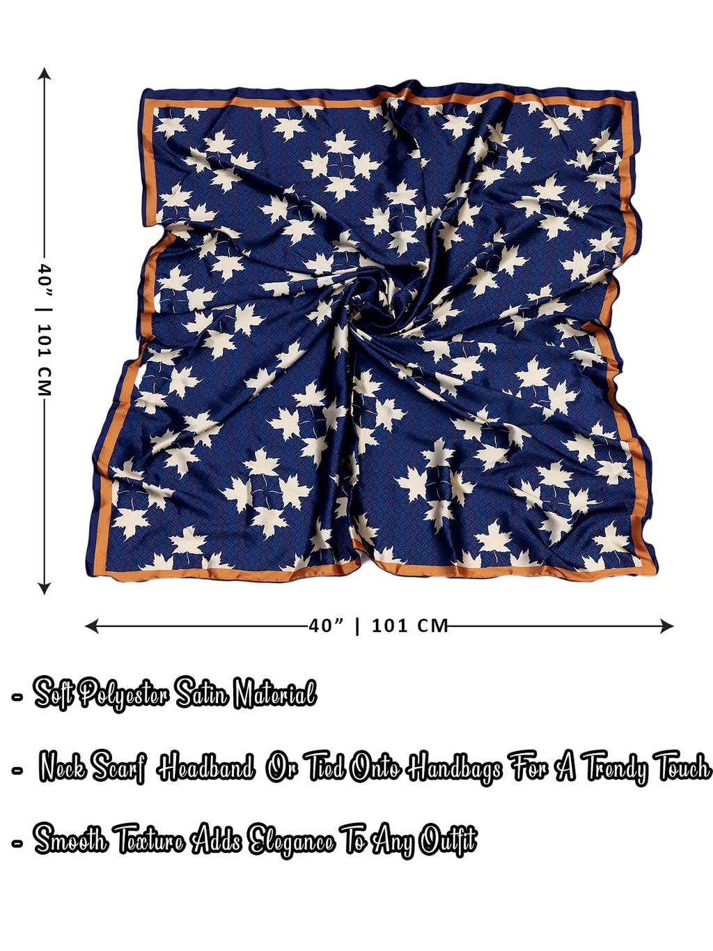 leeza store Women's Silk Scarf For Women, Midnight Navy Blue Digital Printed Maple Leaf Motif, 40X40, Elegant Lightweight Stole