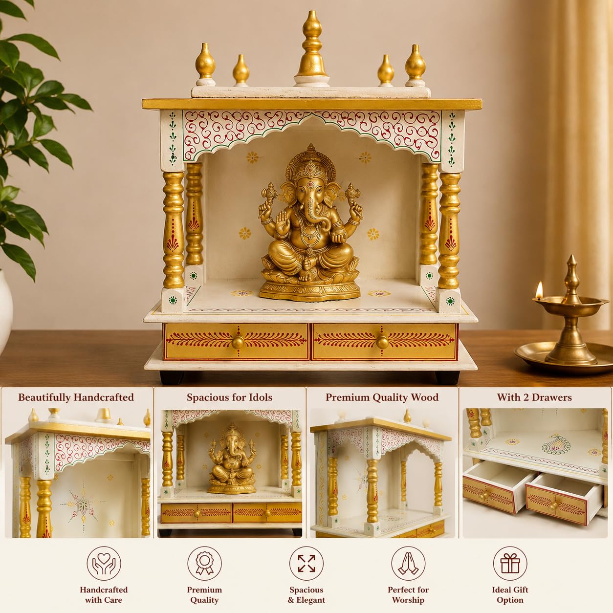 Kamdhenu Art and Craft Wood Religious Home Temple, Gold, 18 x 9 x 21 inch