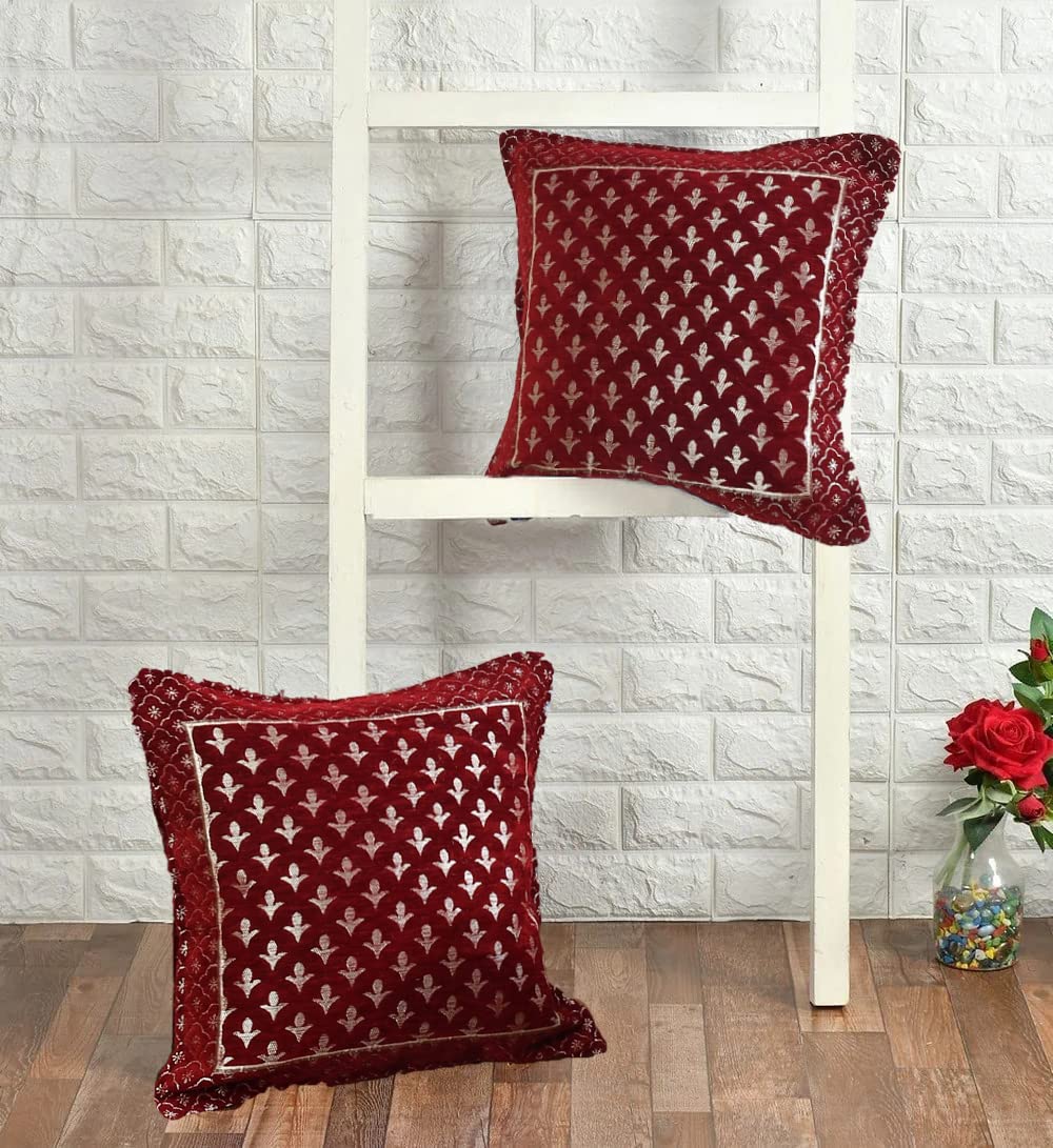 DECOMIZER Jacquard Geomteric Cushion Covers 16 Inch X 16 Inch Set Of 2 Ethnic Motifs 240 TC Cushion Covers,Design- Star,Color- Maroon