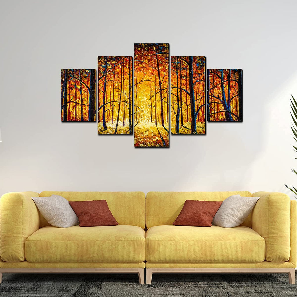VIBECRAFTS Premium 5 Pieces Wall Painting of Sunny Tree Forest For Home|Office|Living Room|Gift (PTVC5Pcs1_5501)