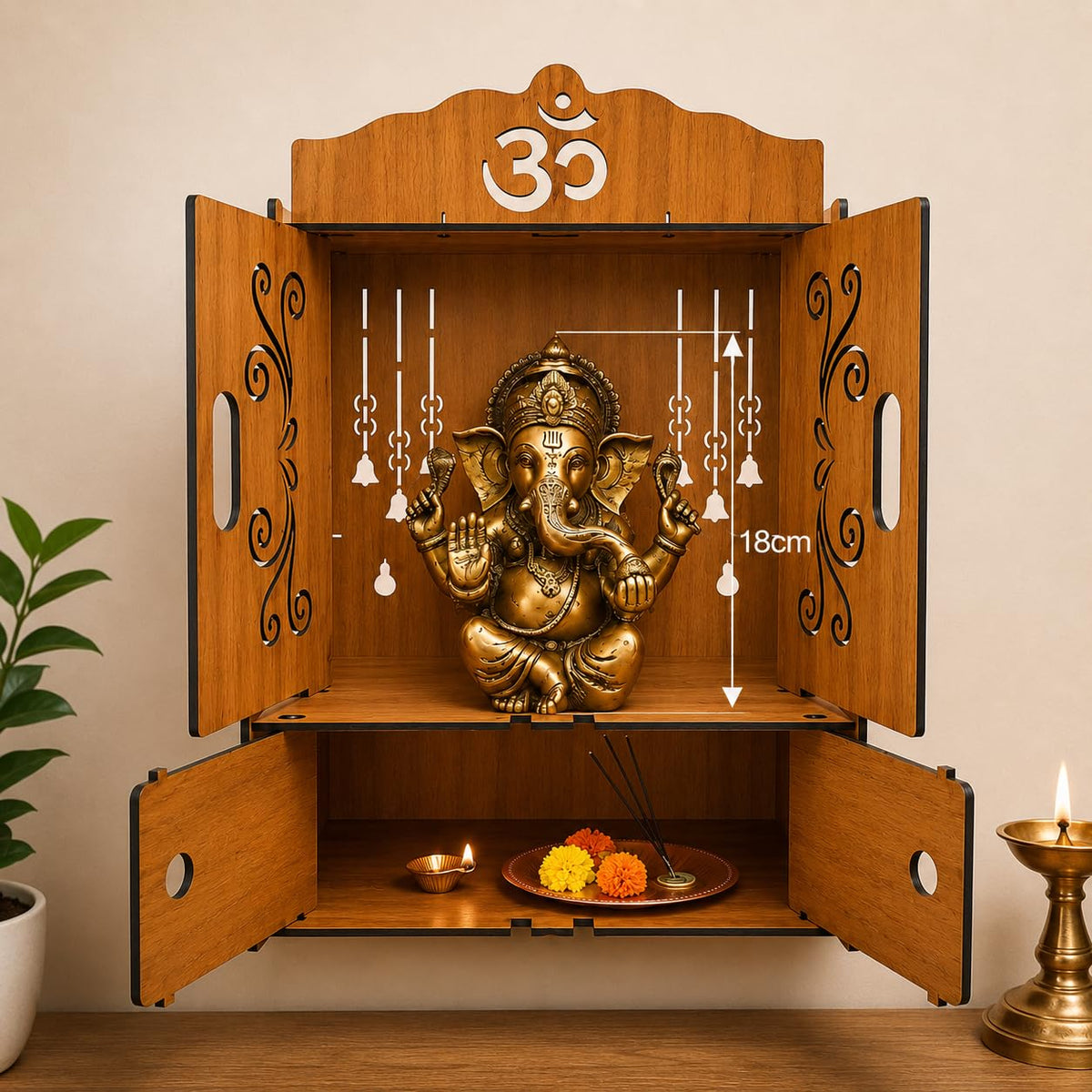 Privla Wooden DIY Small Size Home Temple with Doors & Drawer | Wooden Temple for Idols Wood Temple Lord Ganesh JI Design | Wall Hanging & Floor Resting Temple for Home & Office 36 * 20 * 25cm