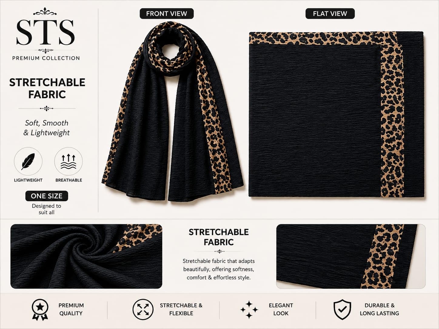 Stole for women Black color strachable Fabric Leopard Cheeta Pattern print (Black)