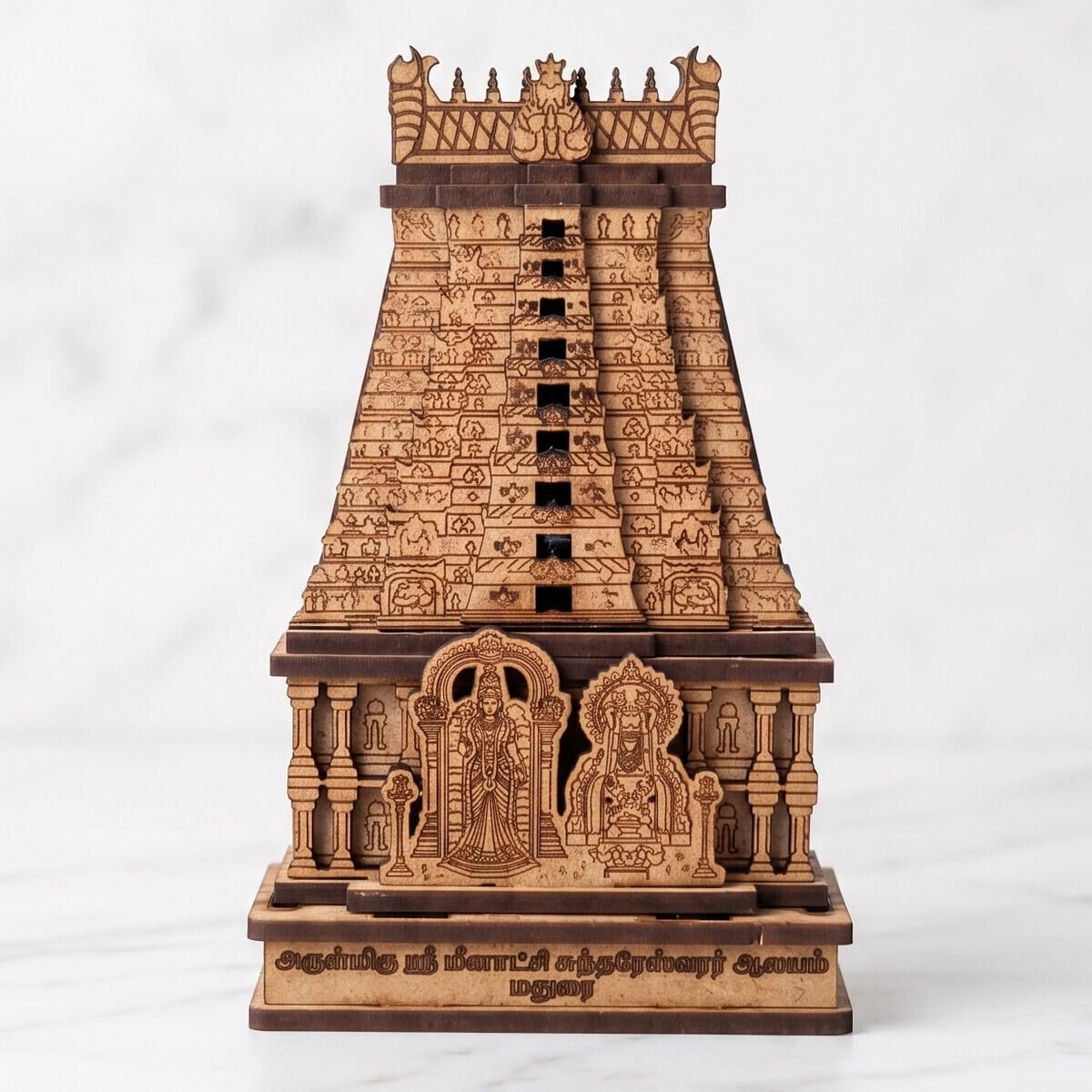 Ayyappan Traders Arulmigu Sri Meenakshi Sundareswarar Temple Wooden Miniature Model Gopuram Replica|3D Laser-Cut Wooden Temple Souvenir for Home, Pooja Room & Car Dashboard (4x2.75x1.5 Inches)