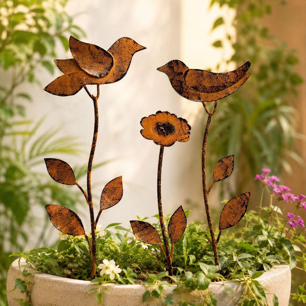 ATRANGI STUDIO Birdie Bloom Garden Stake - Set of 3| Handcrafted by Rajasthan artisans | Boho Garden/Balcony Decor | Easy to use in pots, patios, lawns | Multicolour