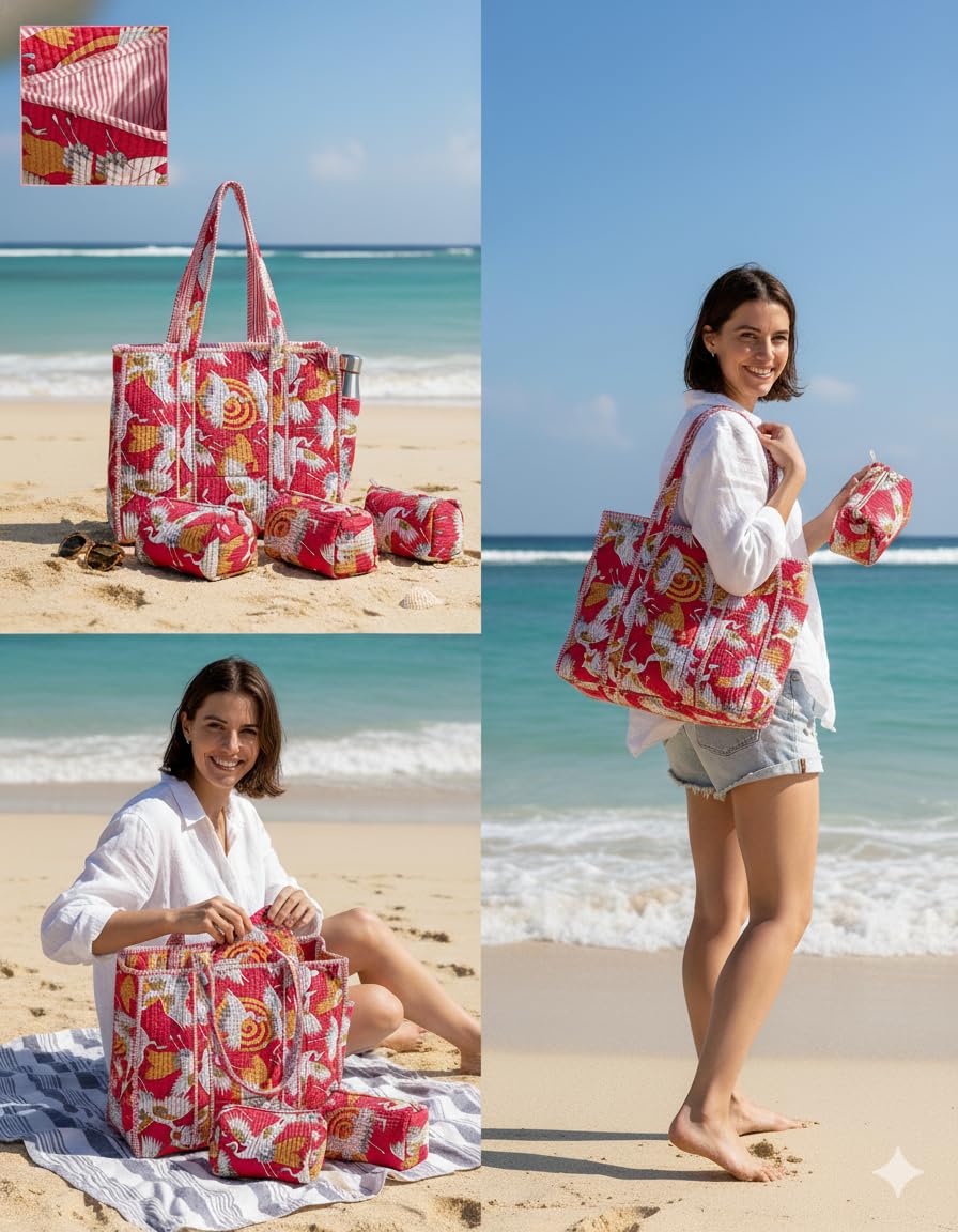 NIKAVIK 1 Tote Bags and 3 Pouch Quilted fabric Handblock Printed Tote Bag(with zip) and bottle compartment with Matching Pouches (Pink)