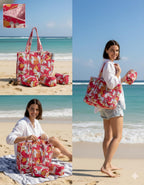 NIKAVIK 1 Tote Bags and 3 Pouch Quilted fabric Handblock Printed Tote Bag(with zip) and bottle compartment with Matching Pouches (Pink)