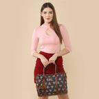 THE CLOWNFISH Lorna Printed Handicraft Fabric Handbag for Women Office Bag Ladies Shoulder Bag Tote for Women College Girls (Dark Grey)