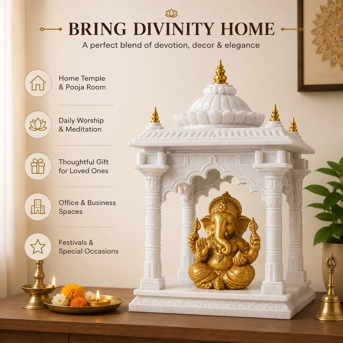 Premium Ganesh Mandir for Home | 3D Printed Temple with Idol (Grey, Large)