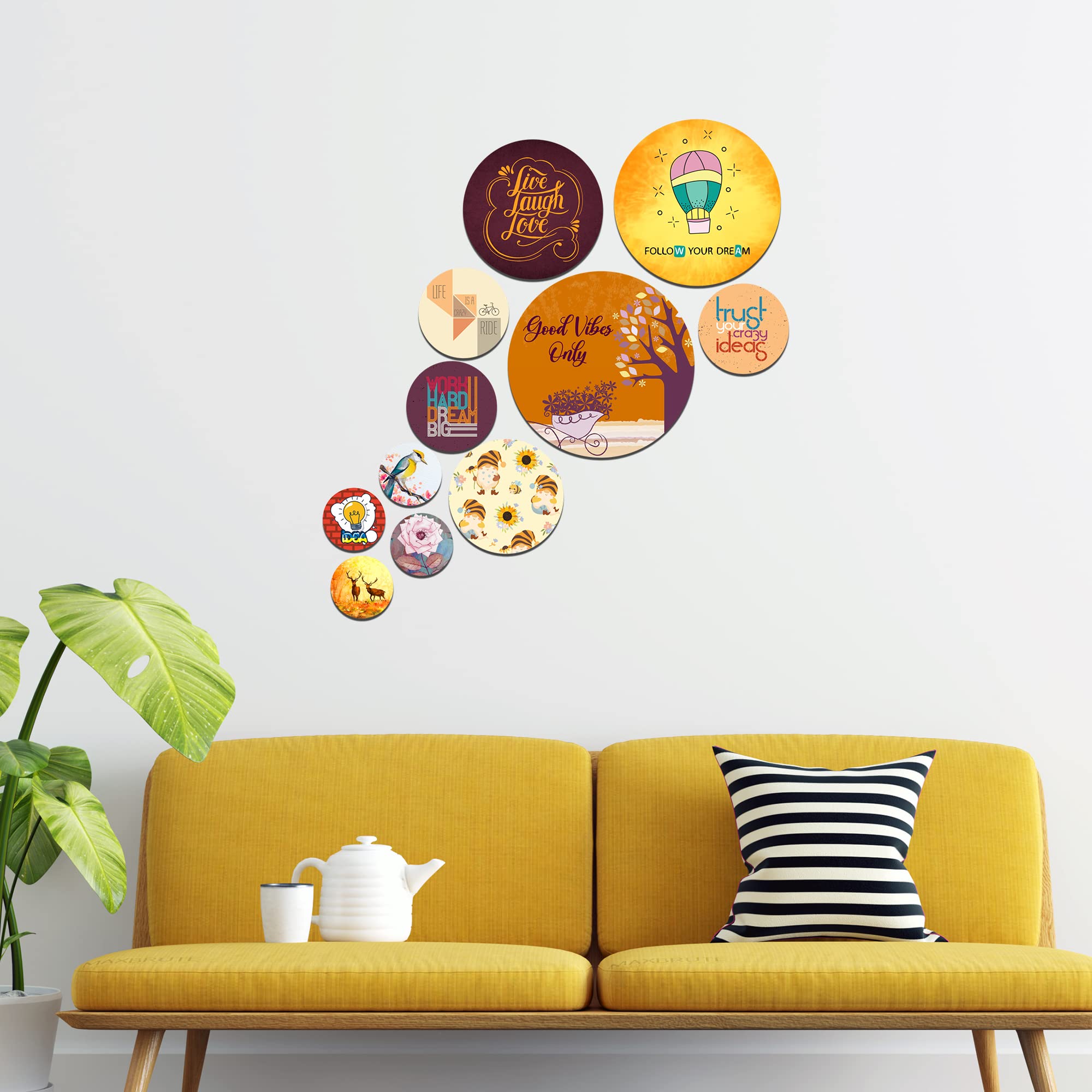 Artvibes Life Is A Crazy Ride Decorative Round Shape MDF Wooden Wall Hanging | Quotes Decor Item | Traveller Quotes Wall Art | Wall Poster | Home Decor | Unique Gift (WPS_115N), Set of 11