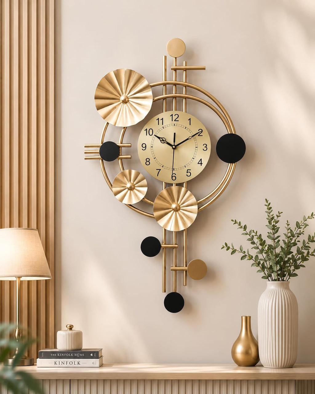 Mahira Artefacts Metal Wall Clock, Gold and Black, Art Deco Style, Silent Analog, Large, for Living Room, Bedroom, Office