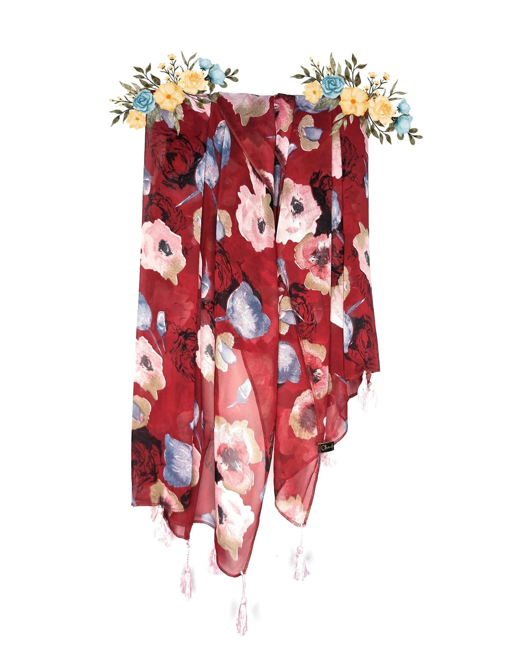 Chandwasia Fashion Floral Printed Scarf | Neck Shoulder Head Wrap Styling Dupatta Use | Polyester Chiffon Fabric Tassel Border Lightweight Pattern Women - Red