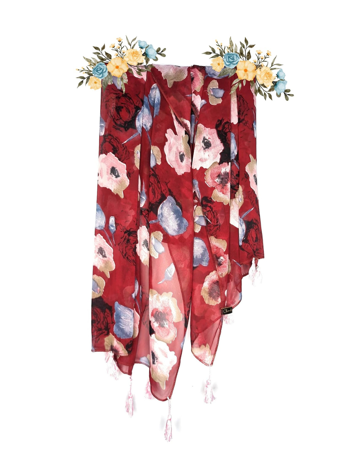 Chandwasia Fashion Floral Printed Scarf | Neck Shoulder Head Wrap Styling Dupatta Use | Polyester Chiffon Fabric Tassel Border Lightweight Pattern Women - Red
