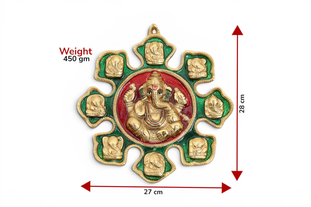 Lord Ganesha Ashtavinayak Wall Hanging Metal - 28cm x 27cm Antique Gold Finish Idol for Home Decor, Living Room & Entrance | Religious Figurine Gift Item (450g)