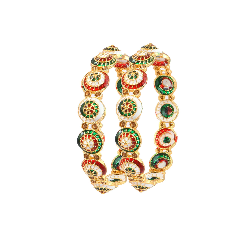 Jewar Mandi Bangle Set Traditional Indian Peacock Design Multicolor Handmade Enamel Work Meenakari Bracelets Gold-Plated 2 Piece Kada Ad Cz Multi-Stones Jewelry (Meenakari Work-2, 2.4)
