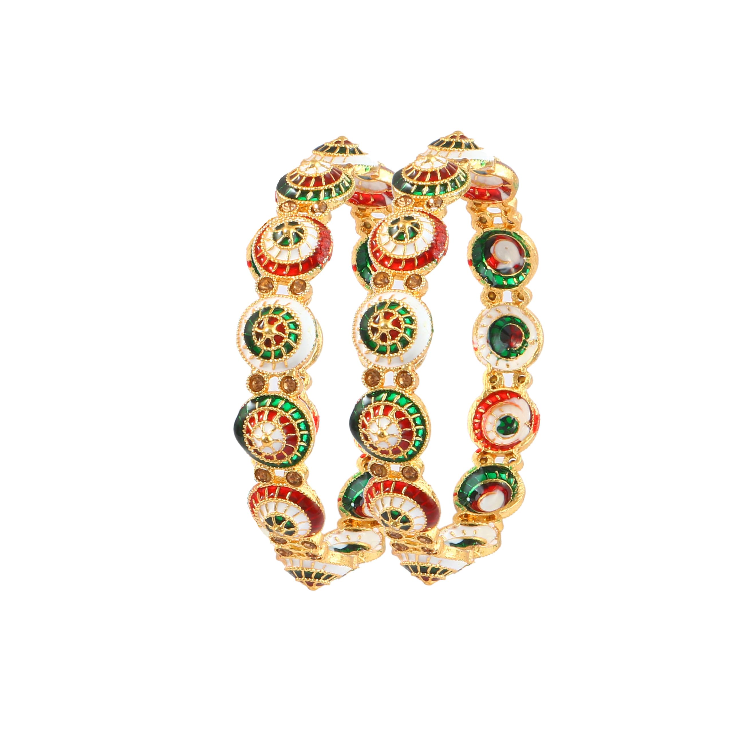 Jewar Mandi Bangle Set Traditional Indian Peacock Design Multicolor Handmade Enamel Work Meenakari Bracelets Gold-Plated 2 Piece Kada Ad Cz Multi-Stones Jewelry (Meenakari Work-2, 2.4)