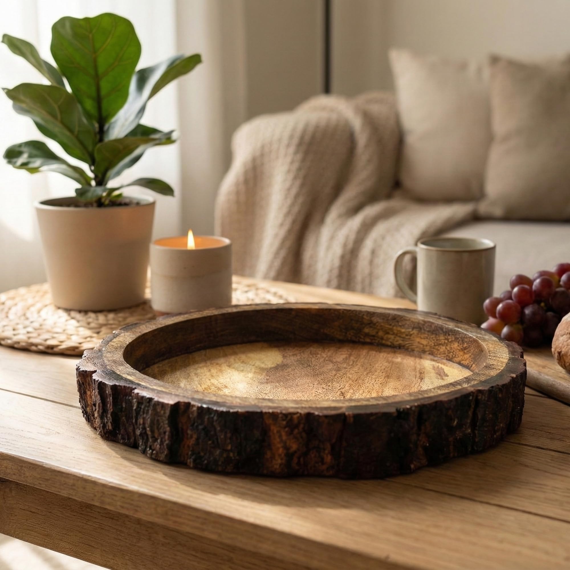 Rustic Wooden Buckle Tray for Serving – 10 inch Round Wood Bark Edge Platter for Snacks, Fruits, Tea & Coffee | Food‑Safe Decorative Centerpiece for Dining & Coffee Table, Indian Homes & Gifting