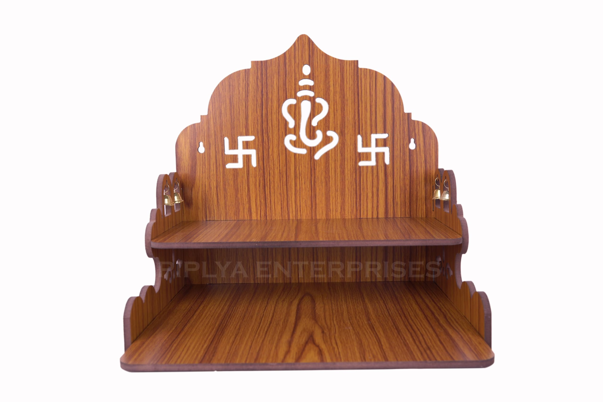 Wooden Temple for Home – Wall Mounted Pooja Mandir with Saathiya & Ganesh Ji Bell Design | Compact Wooden Temple for Office & Home (Light Brown, L-11.25 x W-10.25 x H-11.25 Inch)